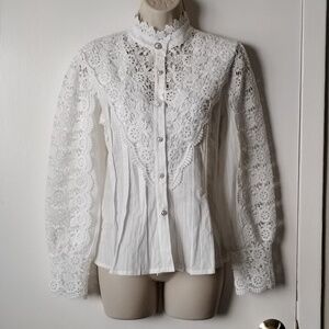 Lace Trim High Collar Button Down Blouse S White